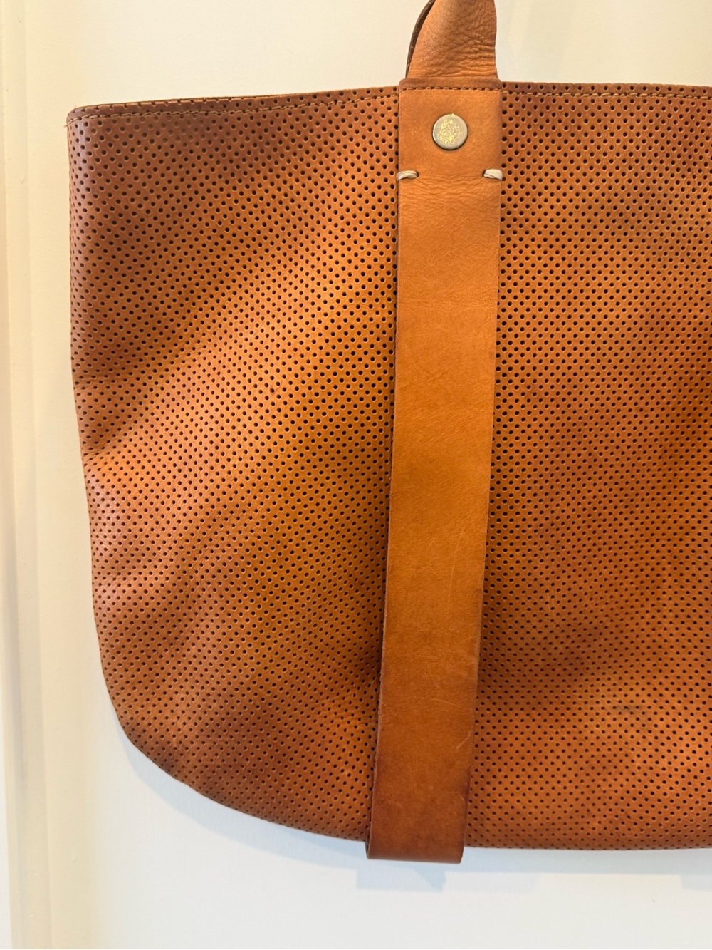 Clare V. La Tropezienne Perforated Leather Tote | Cognac Brown | Made in USA - Picture 3 of 16